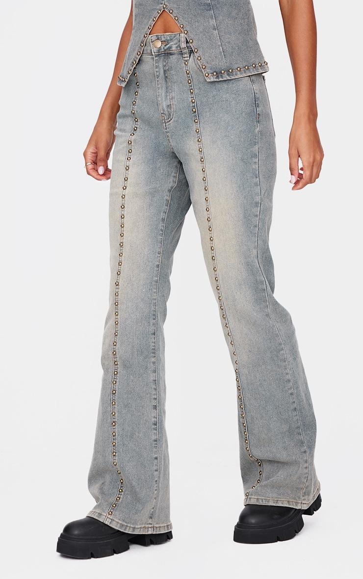 Vintage Washed Front Seam Studded Flared Jeans Product Image