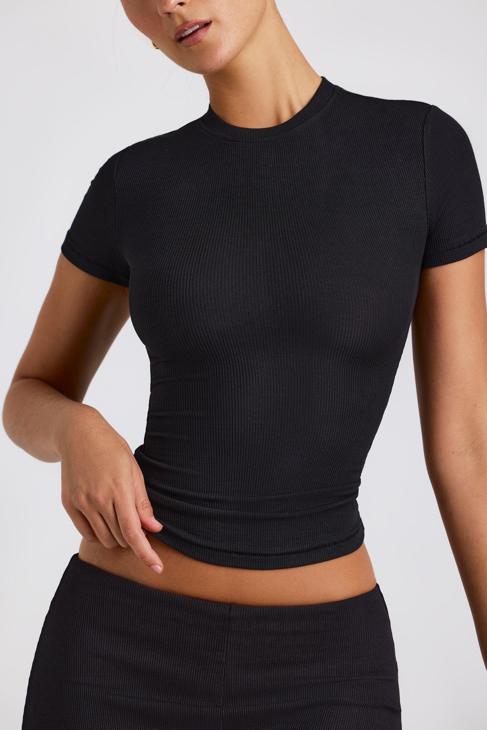 Ribbed Modal High Neck Top in Black Product Image