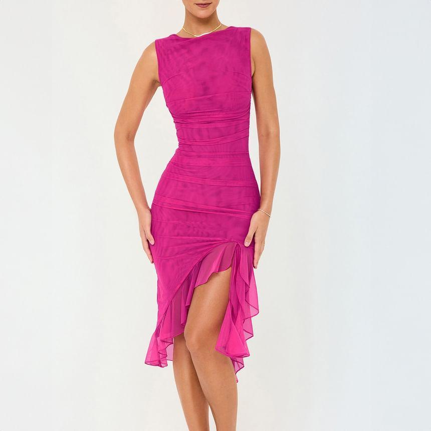 Sleeveless Boat Neck Ruffle Hem Bodycon Midi Dress Product Image