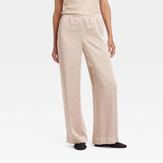 Womens Mid-Rise Straight Leg Satin Pull-On Pants - A New Day Cream Product Image