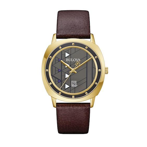 Men's Bulova Frank Lloyd Wright Gold-Tone Brown Leather Strap Watch with Grey Dial (Model: 97A173) Product Image