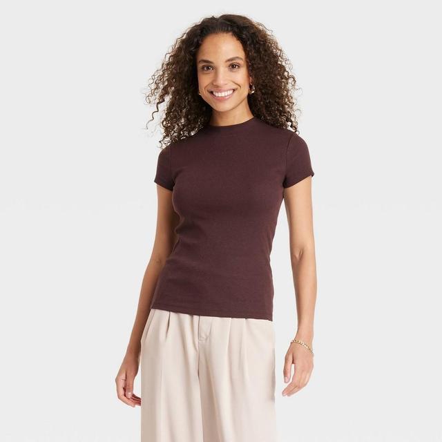 Women's Short Sleeve Slim Fit Ribbed T-Shirt - A New Day™ Dark Brown M Product Image