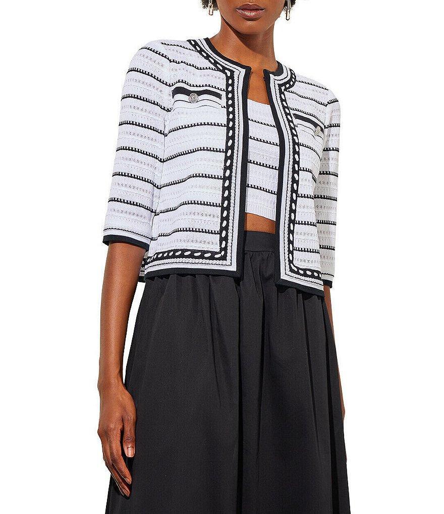 Ming Wang Tweed Knit Striped Contrast Trim Round Neck 3/4 Sleeve Open Front Cropped Jacket product image