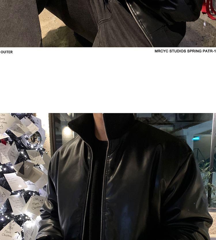 Plain Zip Faux Leather Zip Puffer Jacket Product Image