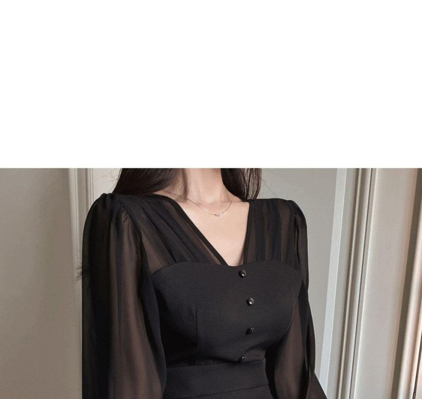 Long Sleeve V-Neck Plain Tie Back Button Panel Mesh Maxi Sheath Dress Product Image