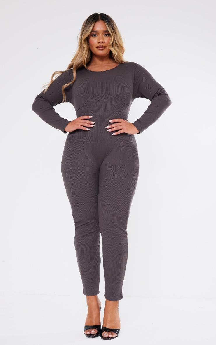 Shape Charcoal Ribbed Zip Front Long Sleeve Jumpsuit Product Image