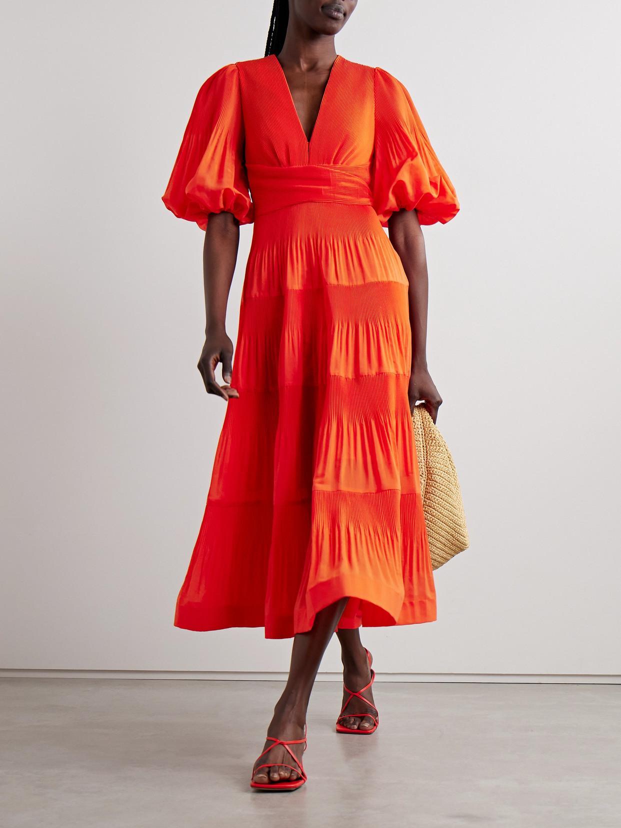 Tiered Plissé-taffeta Midi Dress In Red Product Image