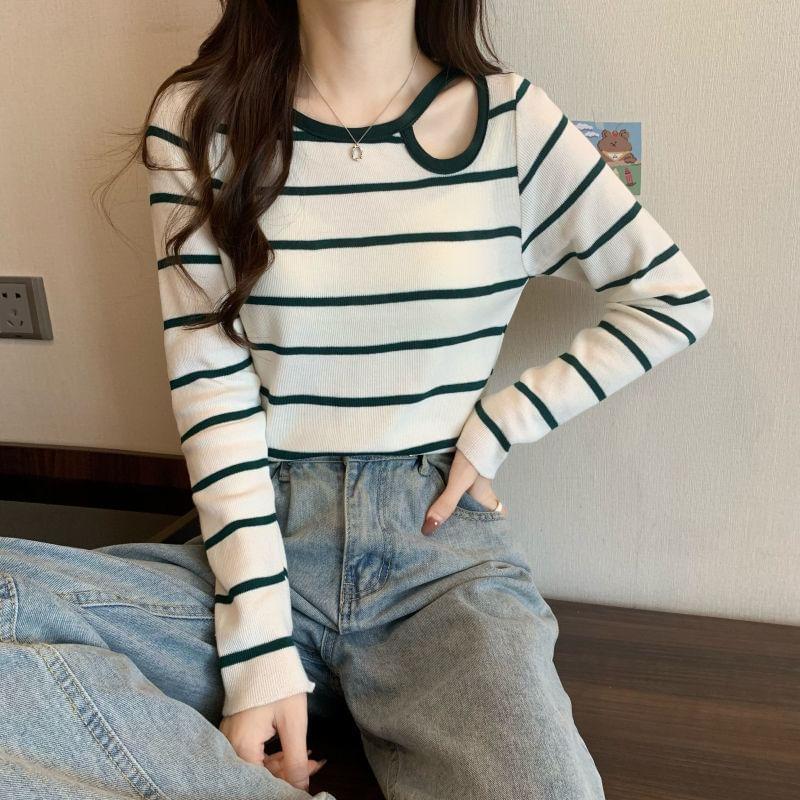 Long-Sleeve Round Neck Striped Knit T-Shirt Product Image