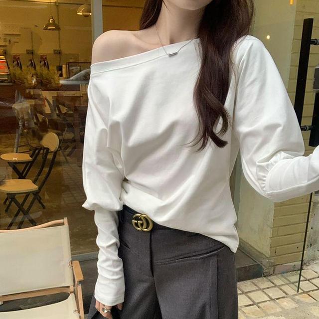 Long Sleeve Off Shoulder Plain T-Shirt Product Image