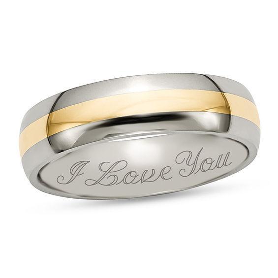 Men's 6.0mm Engravable Wedding Band in Titanium with 14K Gold Inlay (1 Line) Product Image