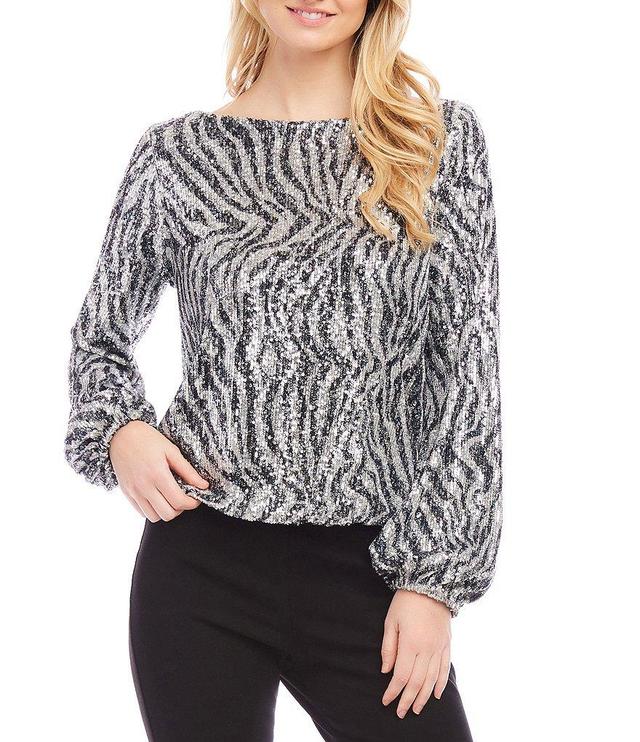 Karen Kane Stretch Sequin Zebra Boat Neckline Long Sleeve Top Product Image