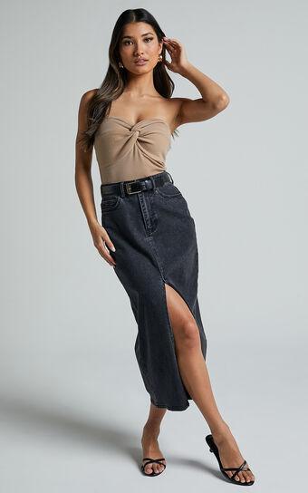 Anaya Midi Skirt - Denim Skirt in Washed Black Product Image