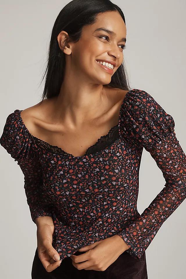 Maeve Mutton-Sleeve Scoop-Neck Ditsy Floral Top Product Image