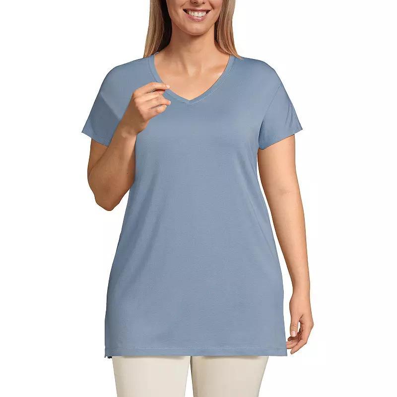 Plus Size Lands End Short Sleeve Jersey Extra Long V-Neck Tunic Top, Womens Deep Blue Product Image