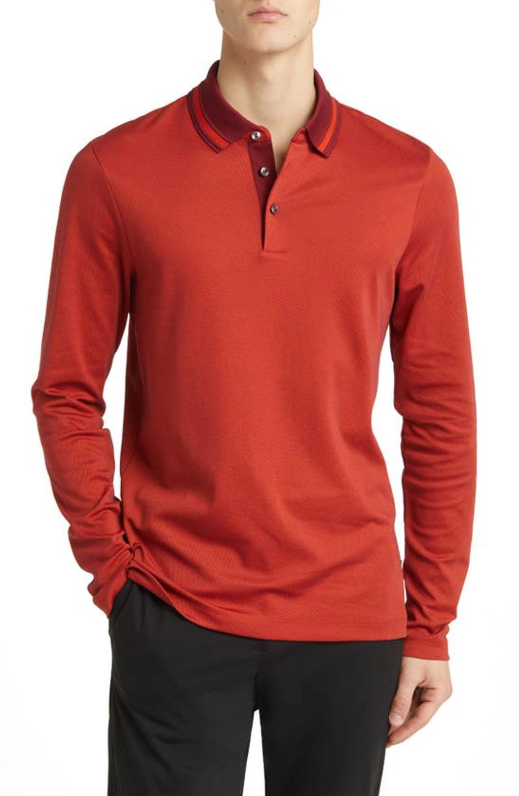 Slim-fit Long-sleeved Polo Shirt With Woven Pattern In Dark Red Product Image