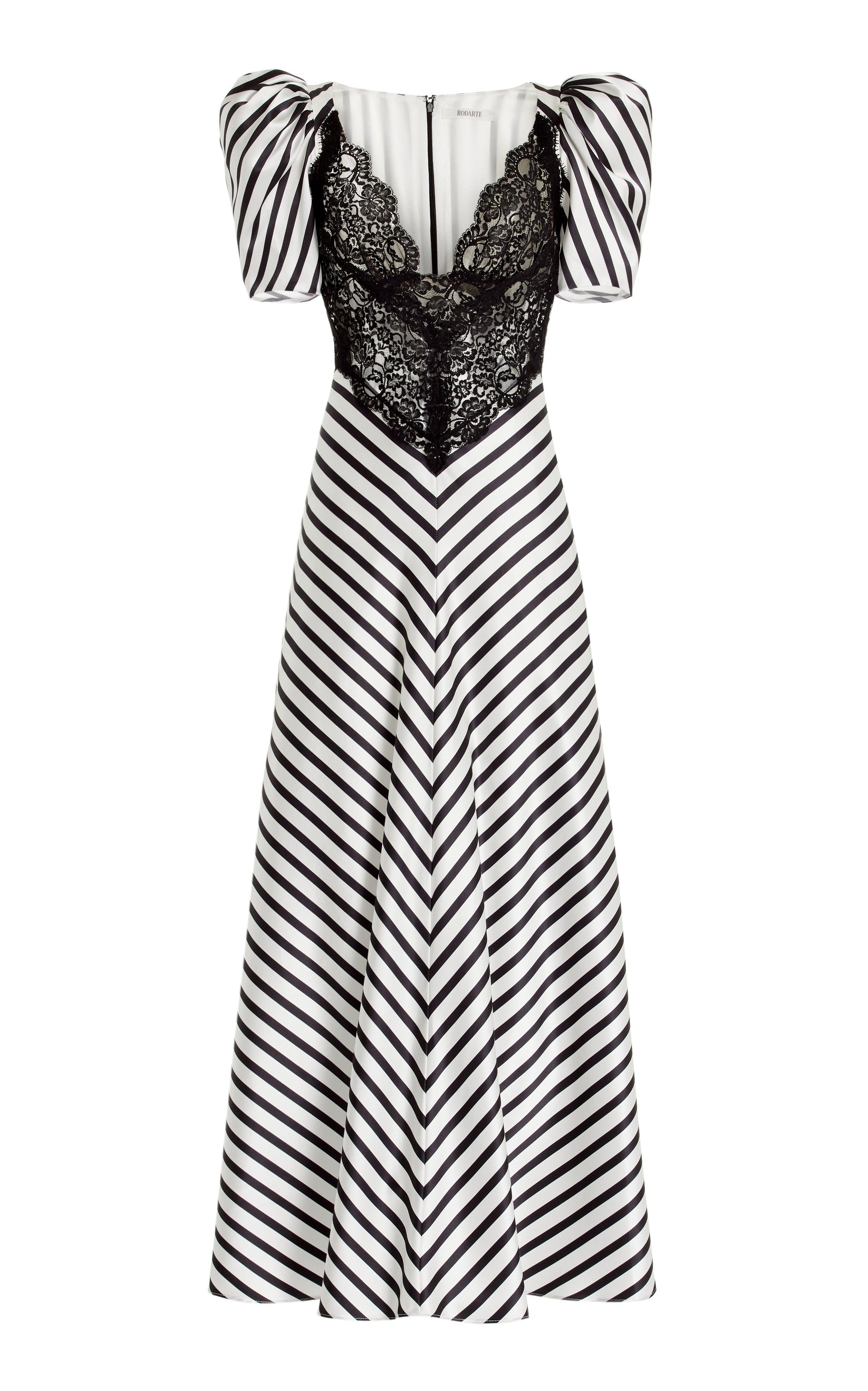 Stripe Silk Satin Short Sleeve Dress With Black Lace Details product image