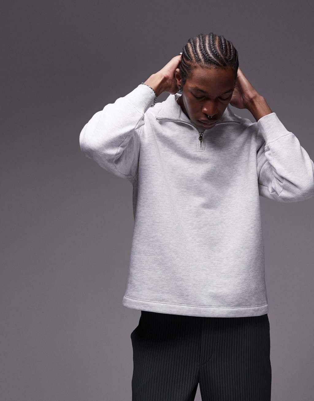 Topman 1/4 zip sweatshirt in ice gray heather Product Image