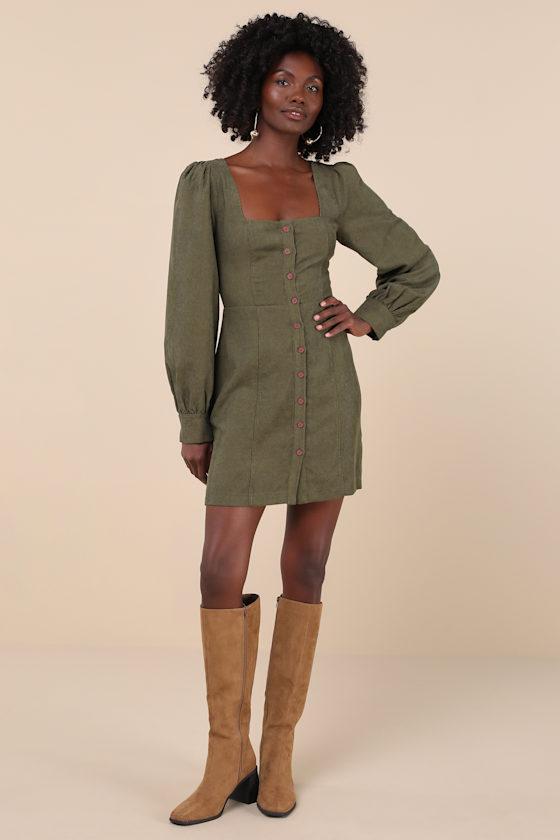 Posh Promise Olive Corduroy Long Sleeve Button-Up Mini Dress Product Image