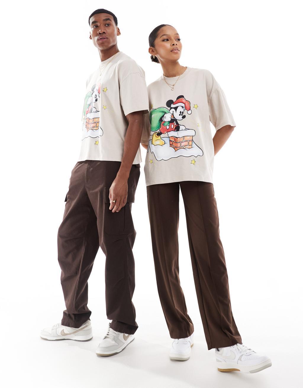 ASOS DESIGN Disney Christmas boxy oversized t-shirt with Mickey Mouse print in beige Product Image