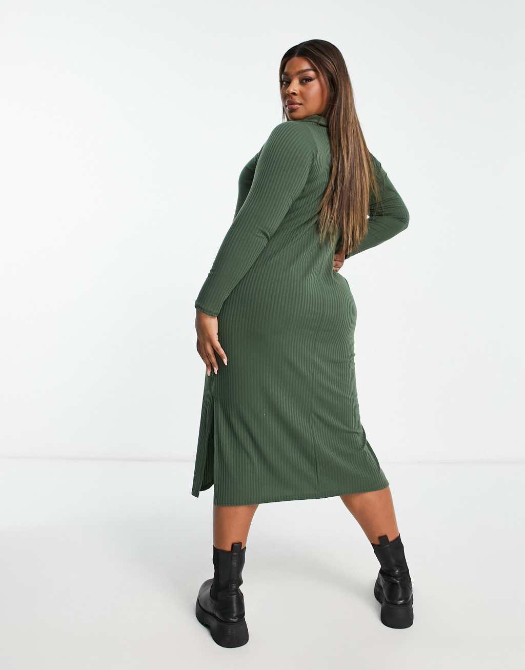 Yours ribbed collared midi dress in khaki Product Image