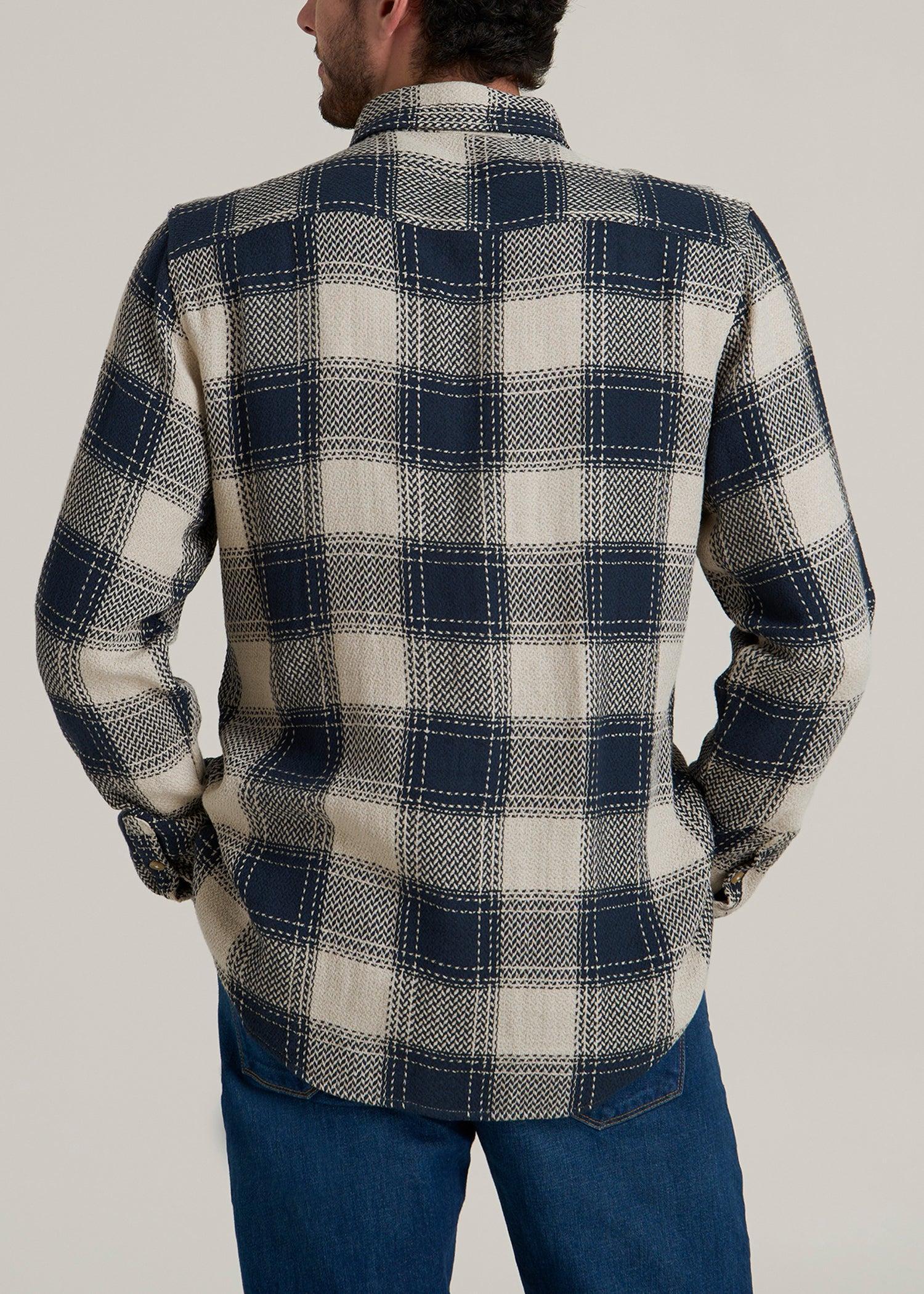 Lightweight Knit Overshirt for Tall Men in Navy and Beige Plaid Product Image