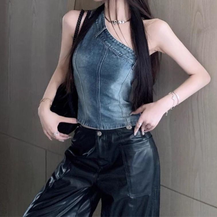 Sleeveless One Shoulder Washed Panel Denim Top Product Image