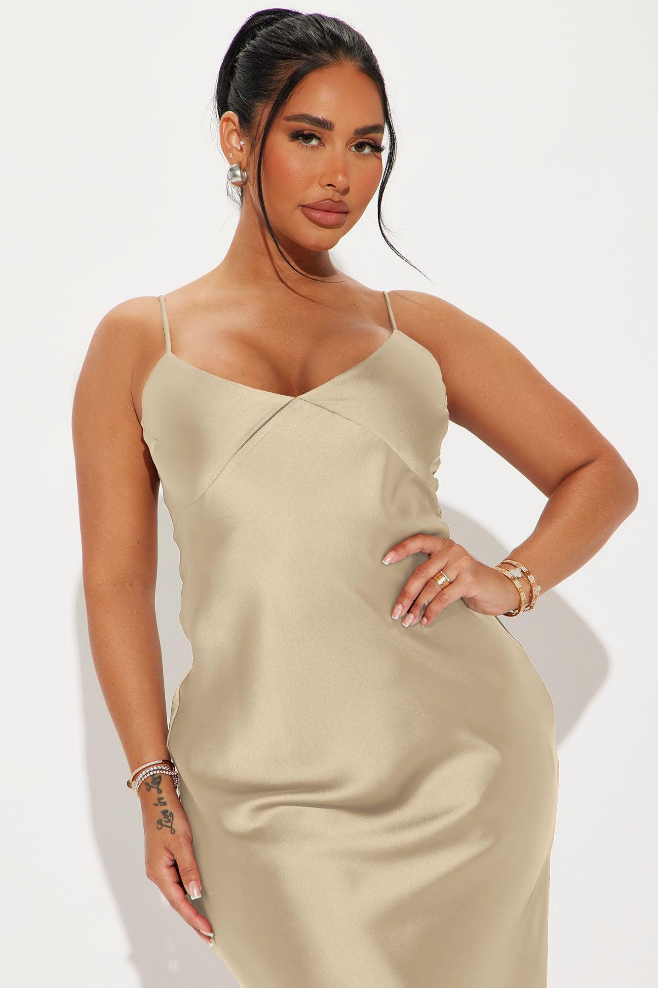 Draped in Satin Midi Dress - Taupe Product Image