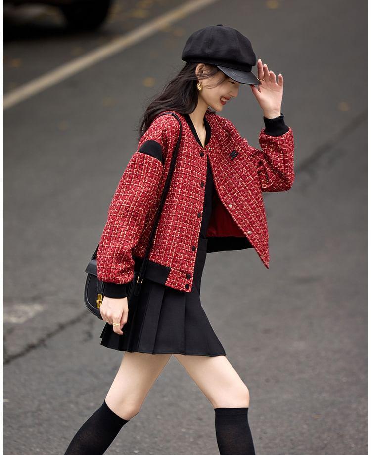 Round Neck Tweed Button Cropped Jacket Product Image