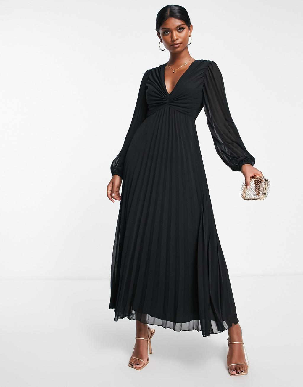 ASOS DESIGN pleated bodice plunge neck midi dress in black Product Image