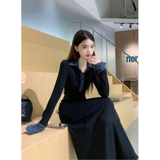 Long-Sleeve Collared Striped Panel Maxi A-Line Knit Dress Product Image