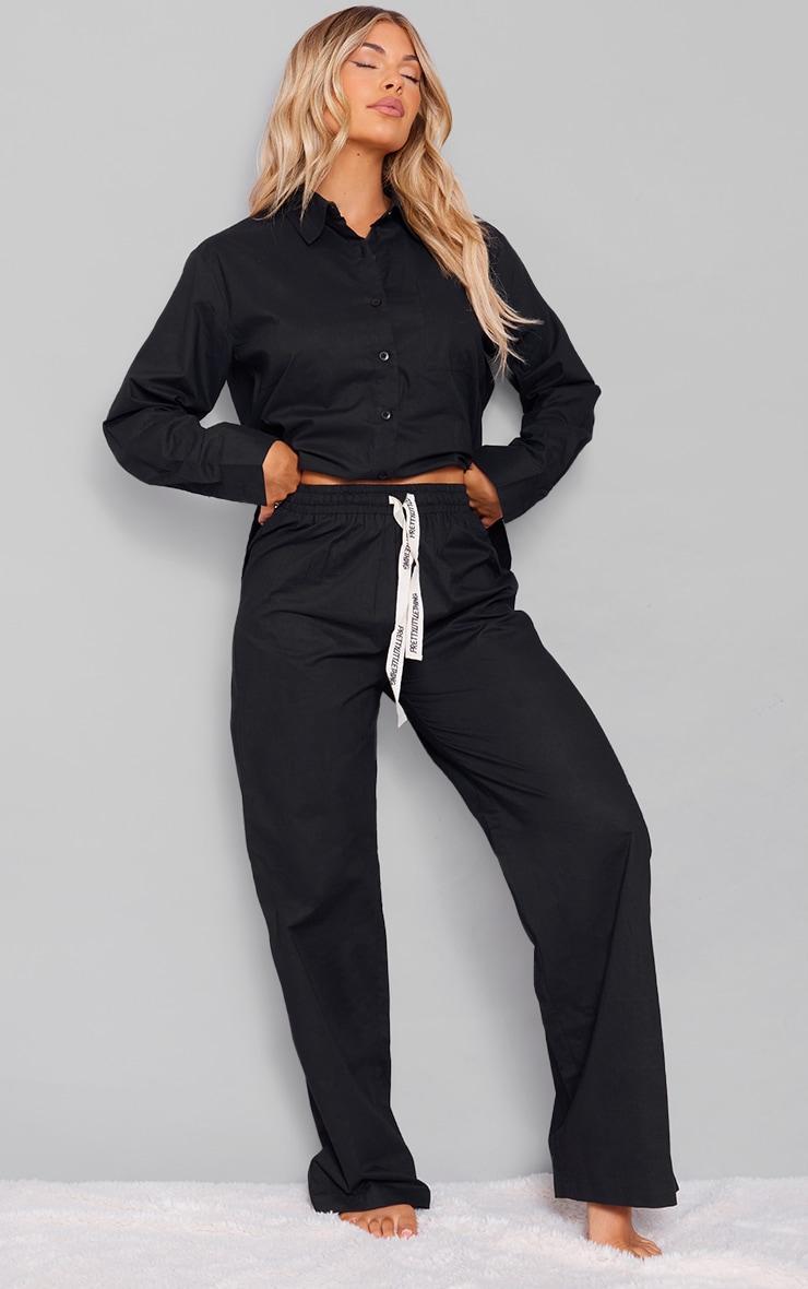 PRETTYLITTLETHING Black Tie Detail Wide Leg Pajama Pants product image