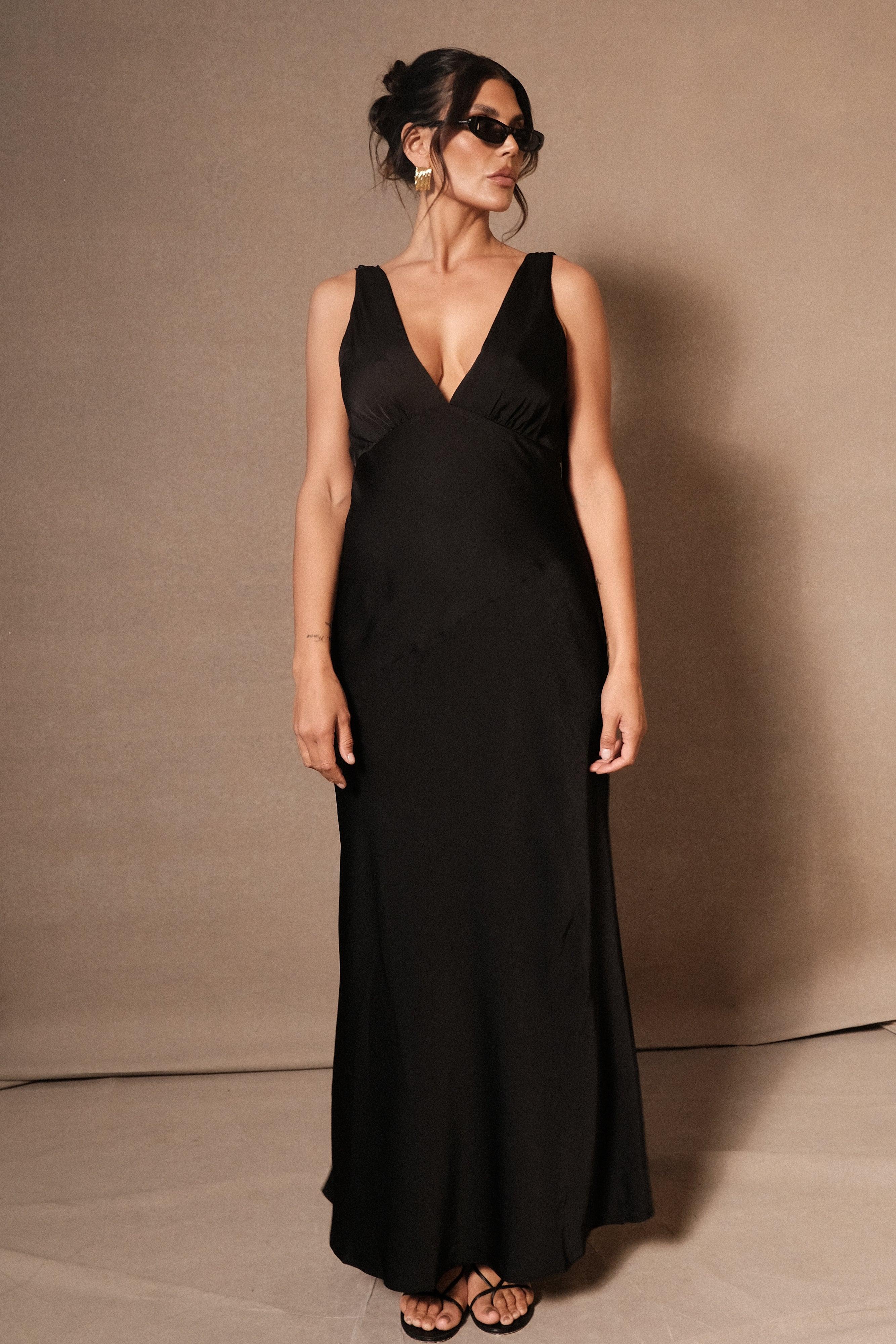 Nadia Maxi Satin Dress With Back Cowl - Black Product Image