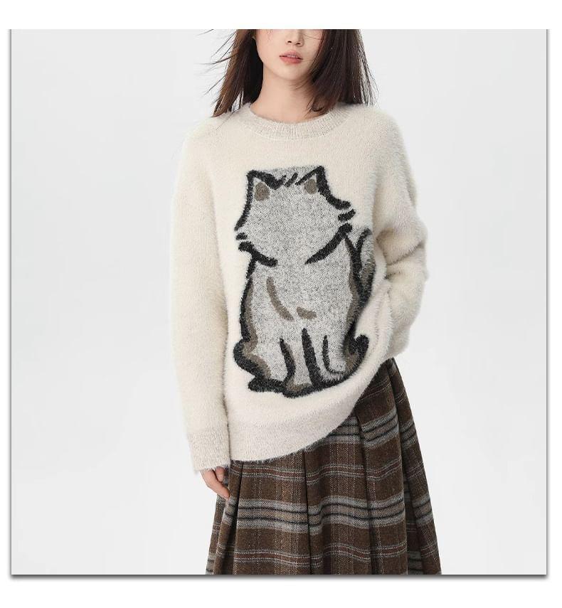 Round Neck Cat Jacquard Sweater Product Image