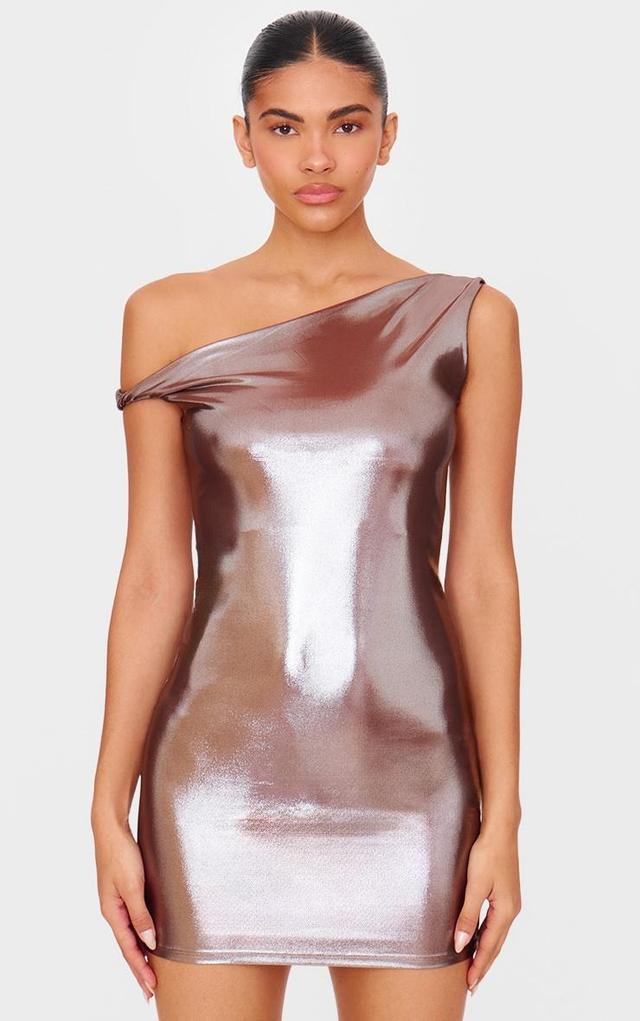 Bronze Metallic Asymmetric One Shoulder Mini Dress Product Image