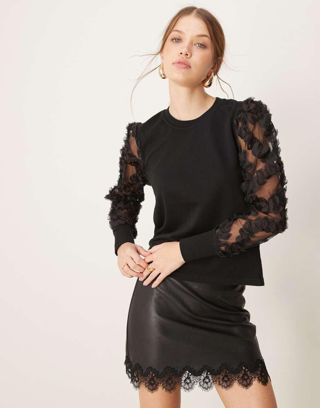 JDY mesh flowers sleeve sweater in black Product Image