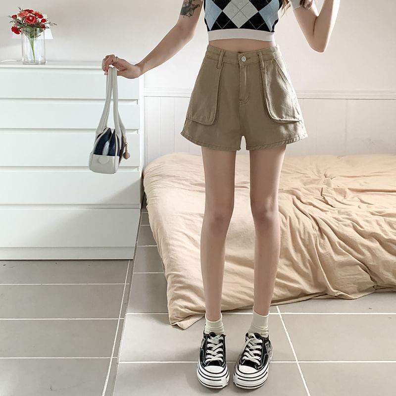 High Waist Plain Wide-Leg Mini Denim Shorts Product Image