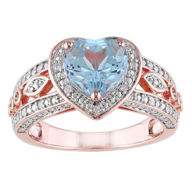 Stella Grace 18k Rose Gold Over Silver Sky Blue Topaz & 1/10 Carat T.W. Diamond Vintage Heart Ring, Womens Product Image