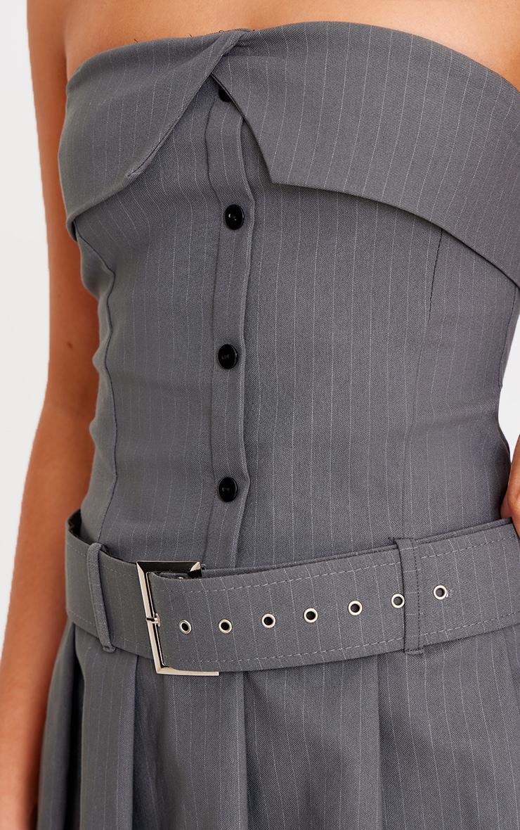 Grey Pinstripe Tailored Bandeau Belt Pleated Shift Dress Product Image