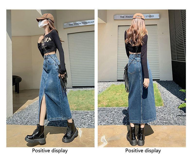 High Rise Slit Washed Denim Midi Pencil Skirt Product Image