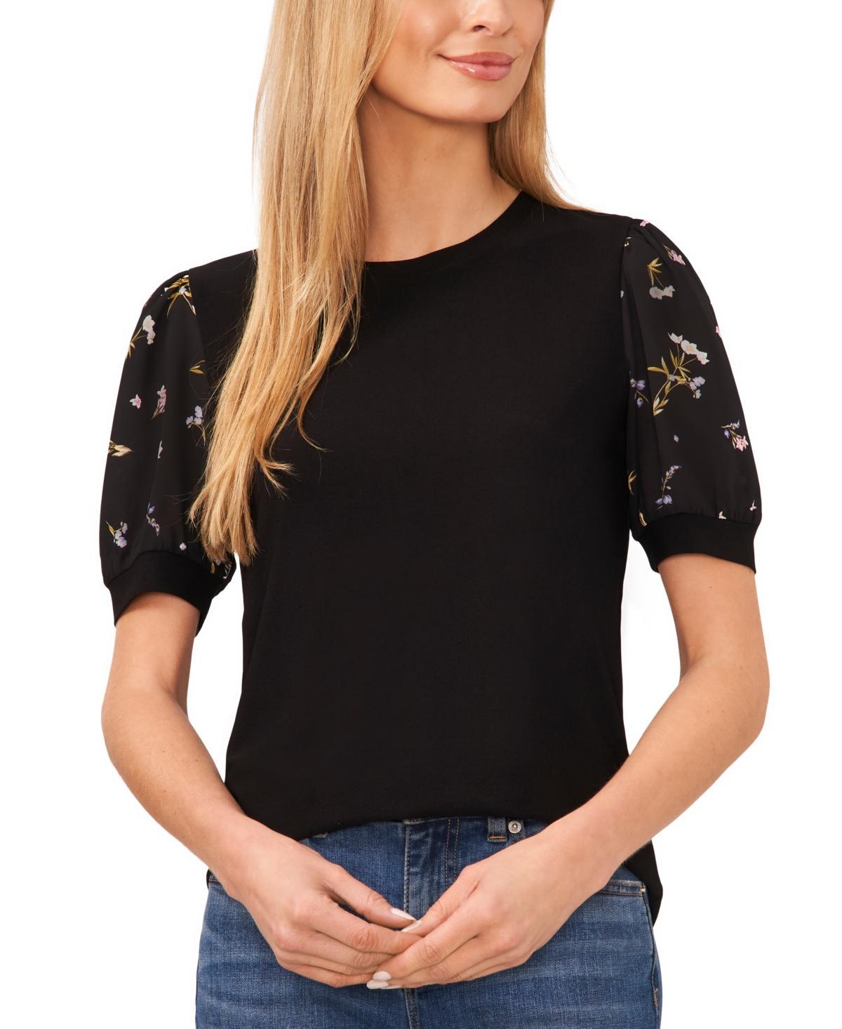 CeCe Womens Scattered Floral Mixed-Media Short-Sleeve Top Product Image