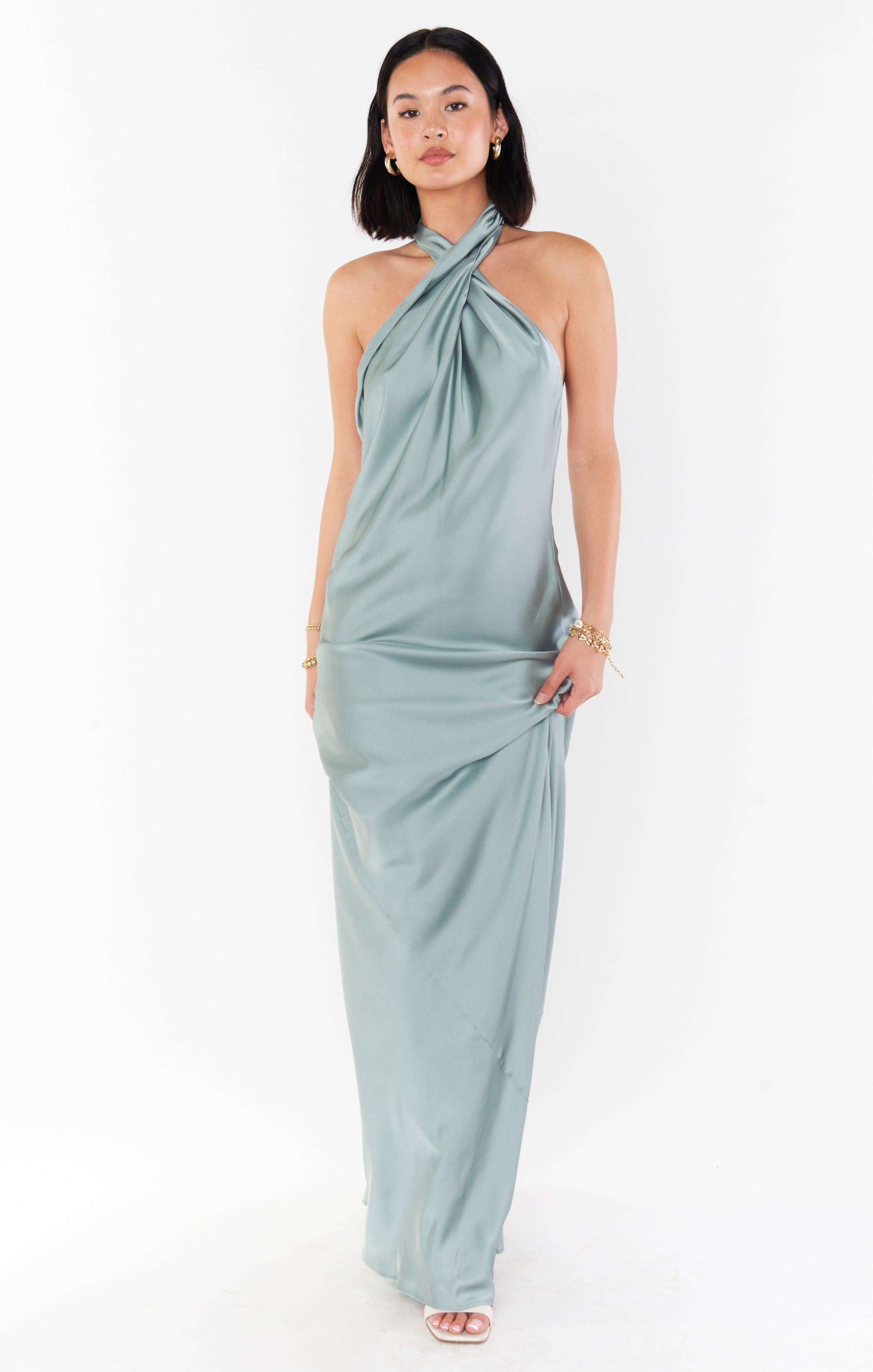 Jasmine Halter Maxi Dress ~ Silver Sage Luxe Satin Product Image