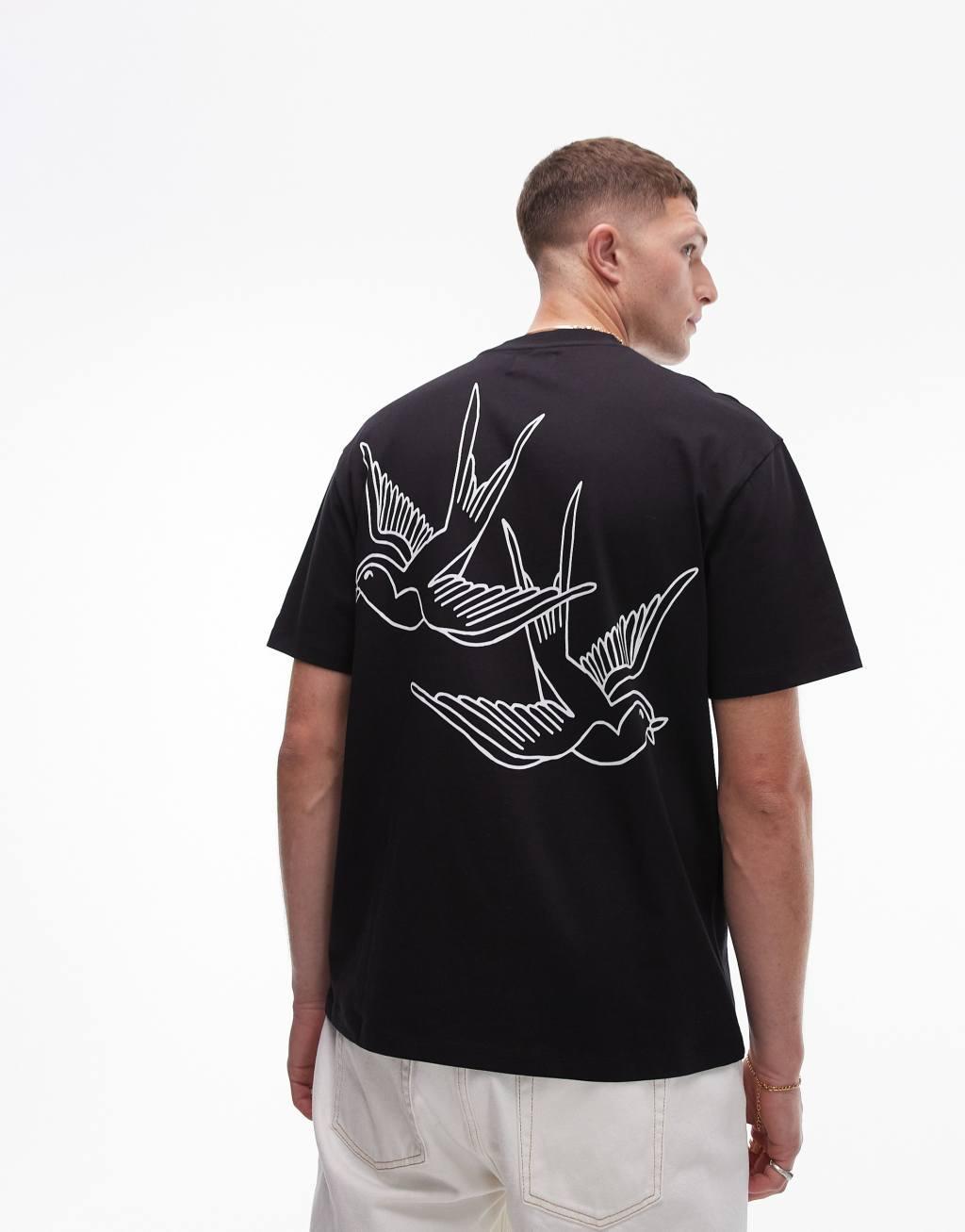 Topman oversized fit t-shirt with swallows back print in black Product Image