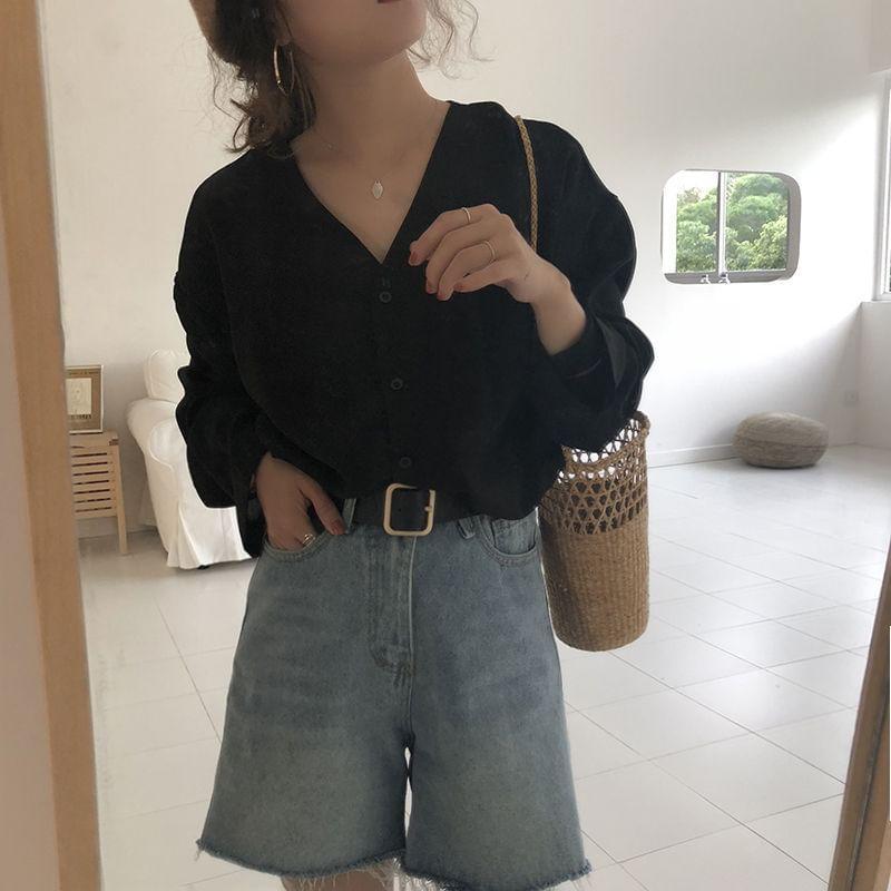 Long-Sleeve V-Neck Plain Chiffon Blouse Product Image