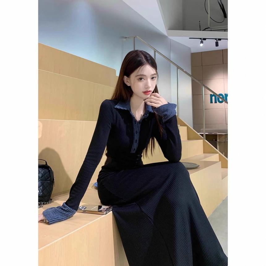 Long Sleeve Collared Two Tone A-Line Maxi Dress Product Image