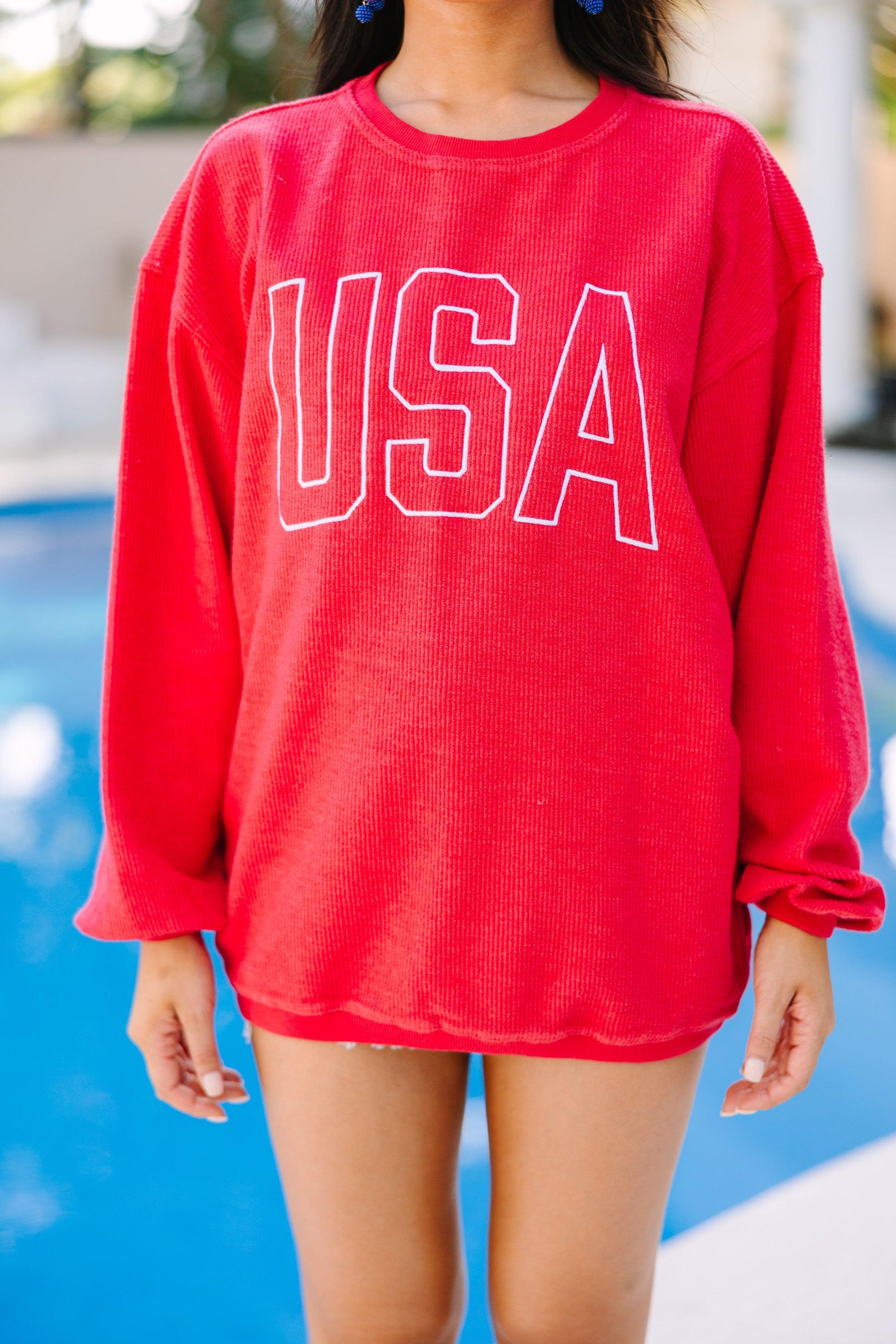 USA Red Embroidered Corded Sweatshirt Female Product Image