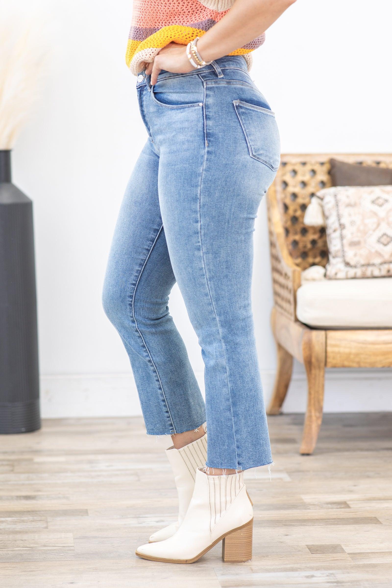 Risen Mid Rise Raw Hem Straight Leg Jeans Product Image