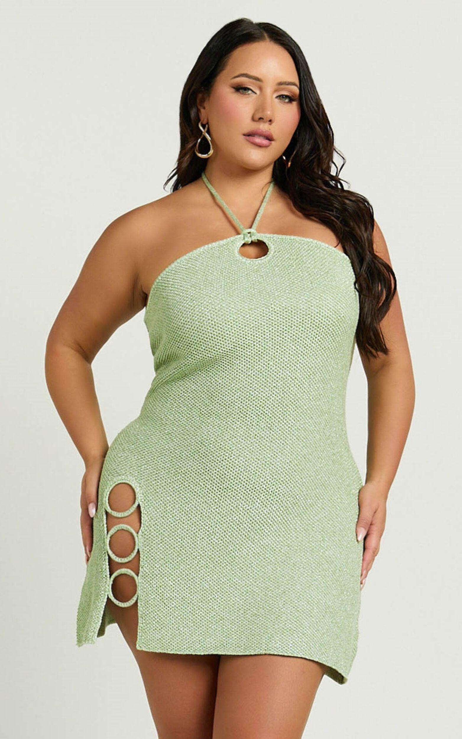 Amalie The Label - Merida Halter Knit Side Split Mini Dress in Green Product Image