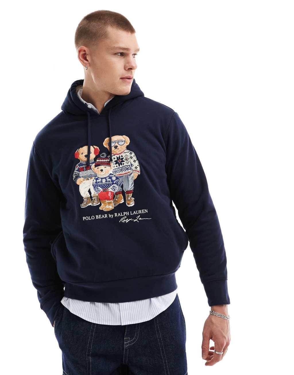 Polo Ralph Lauren holiday bear family polar fleece hoodie classic oversized fit in navy Product Image