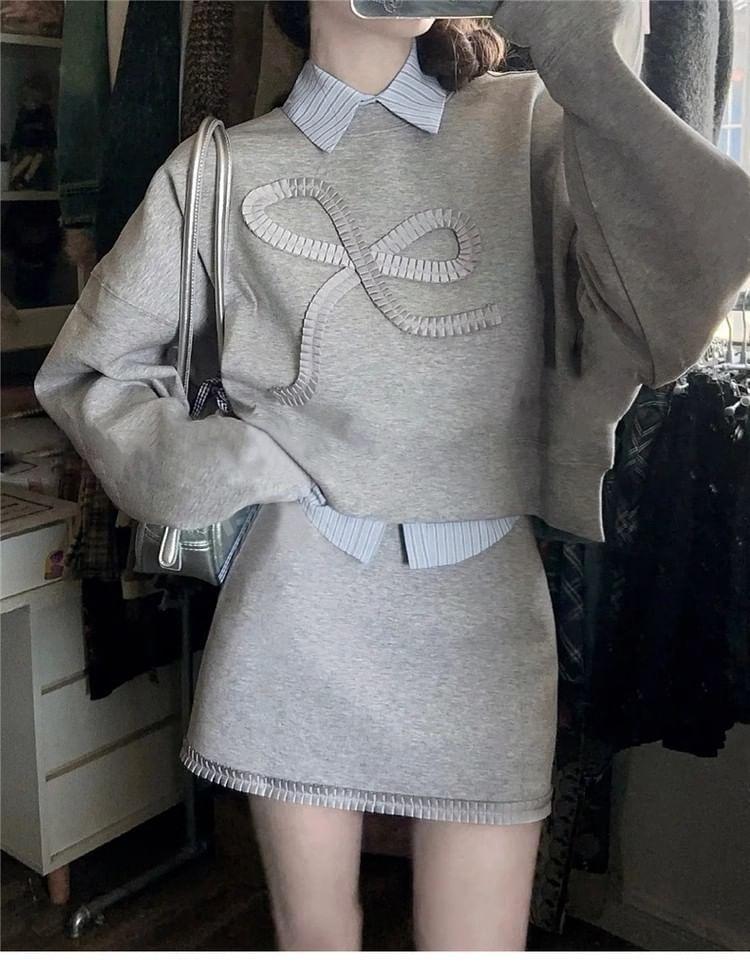 Long-Sleeve Striped Shirt / Round Neck Bow Applique Sweatshirt / High Rise Mini Pencil Skirt / Set Product Image