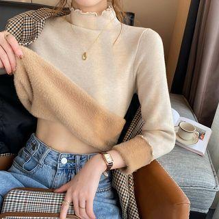 Long-Sleeve Fleece-Lined High Neck Knit Top Product Image